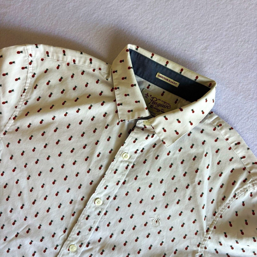 Original Penguin Men's S Slim Fit White Pineapple Short Sleeve Button-Up